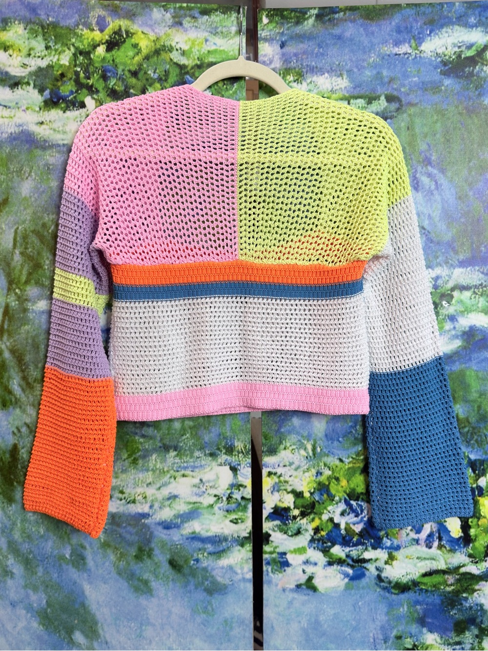 Colorblock Crochet Knit Bell Sleeve Sweater Top - Picture 4 of 7
